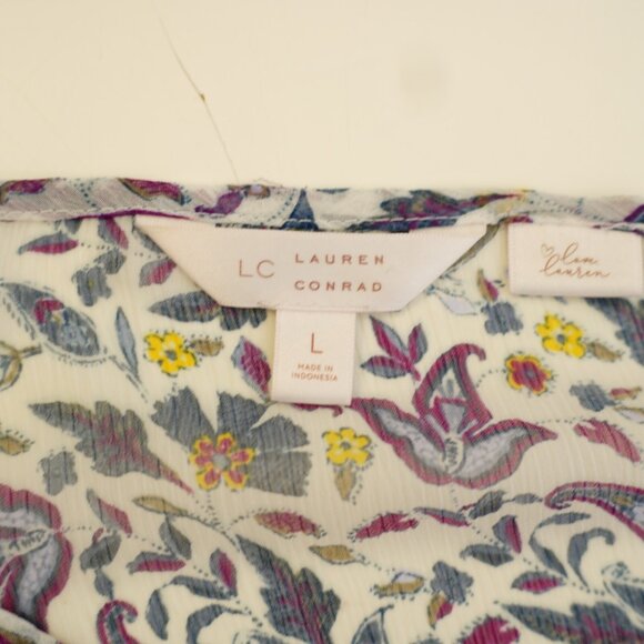 LC Lauren Conrad White Purple Blue Floral Sheer Scoop Neck Blouse Capped Large L - Picture 9 of 12